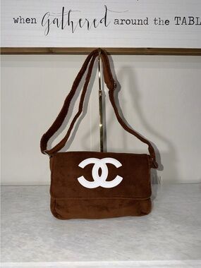 Brown Suede Shoulder Bag with White Logo Accent